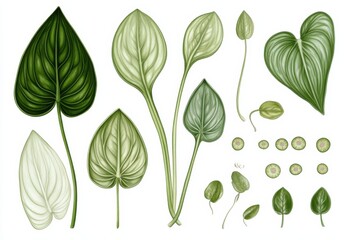 Illustration depicting different parts of Epipremnum aureum plant alongside each other in detailed rendering