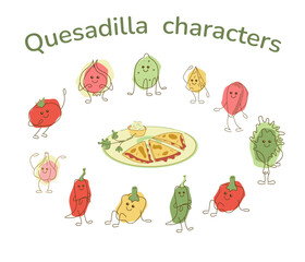 Set with quesadilla and cute characters as filling ingredients. Hand drawn clipart illustration for your projects.