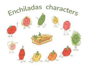 Set with enchiladas and cute characters as filling ingredients. Hand drawn clipart illustration for your projects.