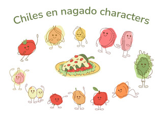 Set with chilis en nagado and cute characters. Hand drawn clipart illustration for your projects.