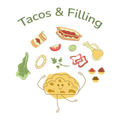 Set with flatbread character and taco filling. Hand drawn clipart illustration for your projects.