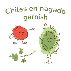 Set with chilis en nagado garnish. Hand drawn clipart illustration for your projects.