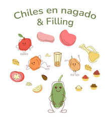 Set with chilis en nagado and filling. Hand drawn clipart illustration for your projects.