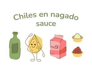 Set with chilis en nagado sauce. Hand drawn clipart illustration for your projects.
