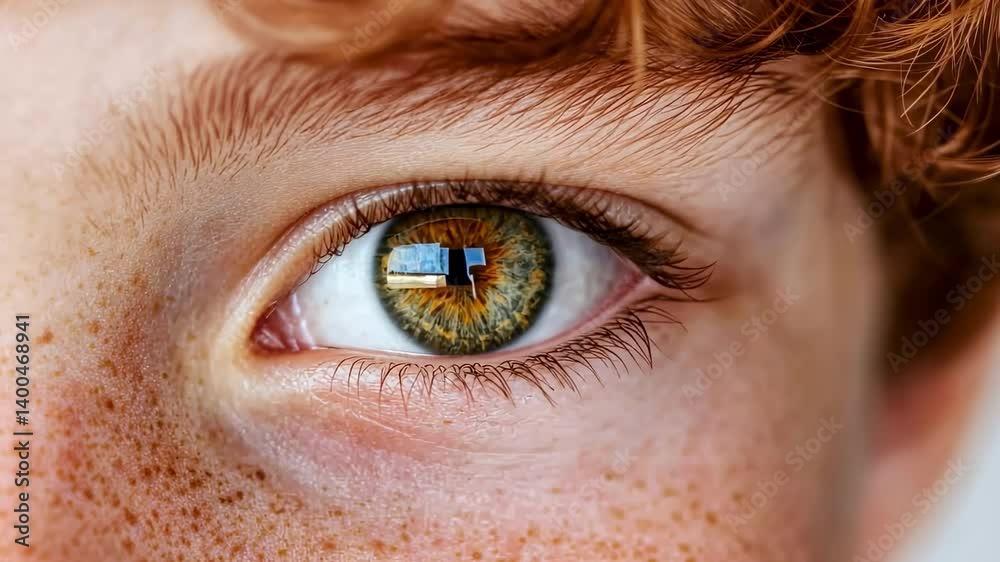 Poster capturing macro photography of a stunning hazel eye adorned with long red eyelashes and surrounded b