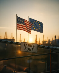Sunset at a port marked with 'TARIFF ZONE' sign under U.S. and E.U. flags, symbolizing international trade regulations and economic zones.