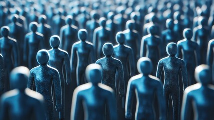 A dense crowd of blue humanoid figures standing in a vast, blurred landscape, symbolizing unity