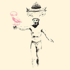 Collage mit antiker Statue und Eule. Vektorillustration.