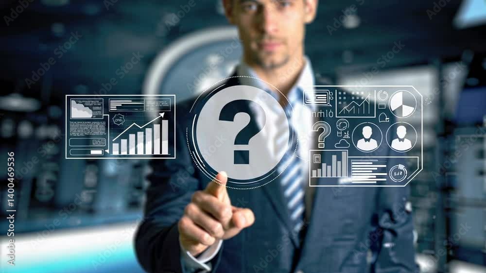 Aufkleber Business executive interacting with holographic question mark, symbolizing decision making process, surrounded by digital charts and data visualizations in a high tech environment