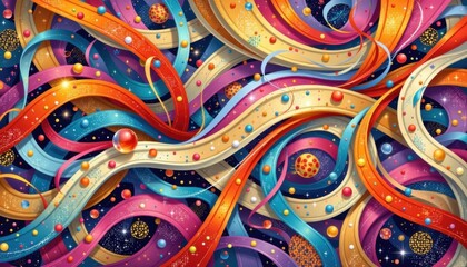 Fototapeta premium An enchanting design with flowing ribbons of colors interlaced with patterned dots, creating an intricate tapestry like effect.