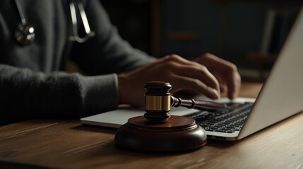 Doctor using laptop with gavel on desk.