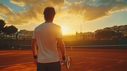 A tennis player contemplates the sunset over an urban court.