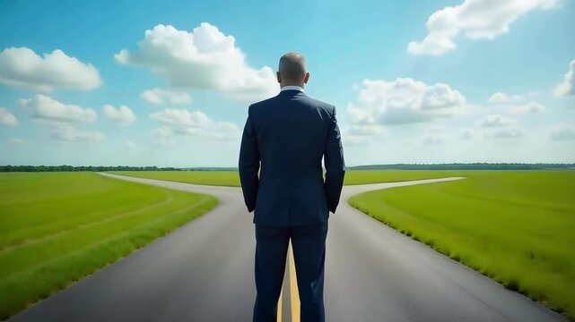 Business decisions required represented by a professional man in a business suit standing at a crossroads in the road