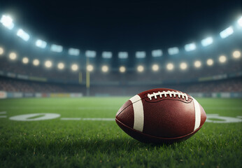 American football ball on green grass background. Horizontal banner with brown leather game ball on turf field. Sport competition concept