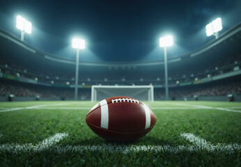 Stadium with football ball. American football field with grass ground and game equipment, sport arena with goal and floodlight