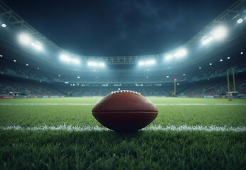 American football ball on stadium. Brown ball on green grass field with white lines, sport game concept. Banner for opening football season or super bowl competition
