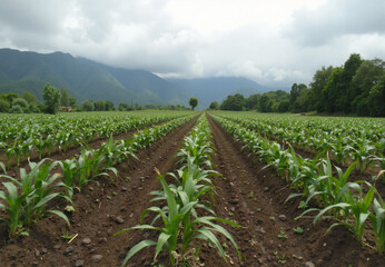 Farm field with corn. Rural landscape with cornfield rows, agricultural farming scene with cultivated crops, nature countryside background. Farming agriculture concept