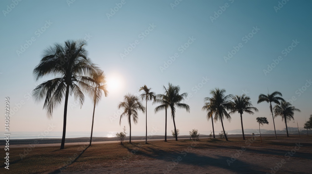 Poster coconut palms frame a stunning orange sun as it rises over a serene turquoise ocean, creating a tran