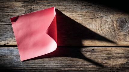 A neon pink memo note rests on a rustic wooden surface, illuminated from the side, casting engaging shadows that add depth to the composition