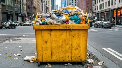 Yellow Dumpster Overflowing with Rubbish in Urban City Environment