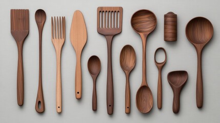 A selection of wooden cooking utensils including a spatula, spoon, and ladle placed neatly on a clean countertop with plenty of space for copy above