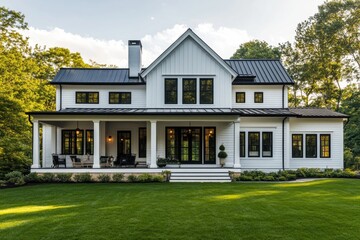 Modern farmhouse exterior, pristine white and black