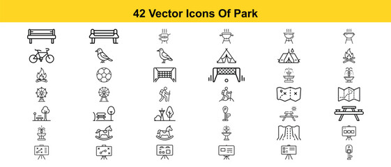 Comprehensive Collection of 42 High-Quality Vector Icons Representing Various Park Elements, Including Benches, Birds, Sports, and Recreational Activities.