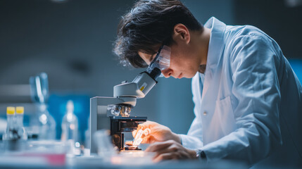 A scientist in lab coat examining a sample under a microscope with safety glasses on in a laboratory
