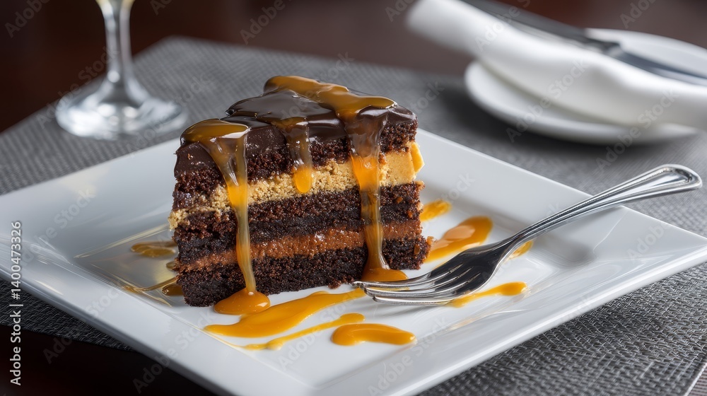 Poster slice of rich chocolate gateau showcases layers of moist cake and glossy ganache drizzled with caram