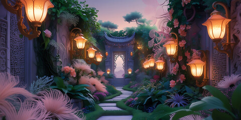 Lush Garden Path Illuminated by Lanterns Leading to Stone Archway