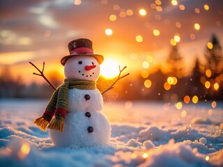 Happy Snowman Sunset Snowfall Winter Wonderland Festive Holiday Scene