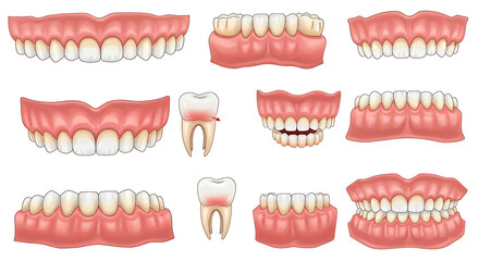 teeth and dental floss, teeth dental tooth denture mouth dentist dentures, set of tooth, set of teeth on white background
