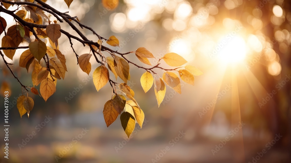 Fototapete golden leaves shimmer in a soft-focus autumn forest, as sunlight filters through branches, casting h