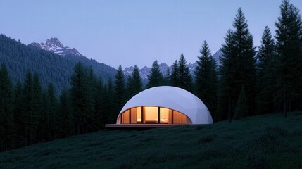 A modern geodesic dome house with warm interior lighting sits on a grassy slope surrounded by pine trees at dusk, blending minimalist architecture with peaceful natural surroundings