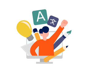 Student with monitor, pencil and book. Education Related Vector Illustration.  Vector illustration in flat design for UI, banner, mobile app. Ideal for teamwork, collaboration, education, remote work