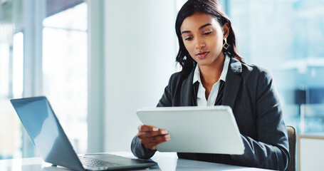 Office, tablet and business woman online for insurance, risk management or policy sales on...