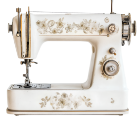 Three different colors of sewing machines, on a white background