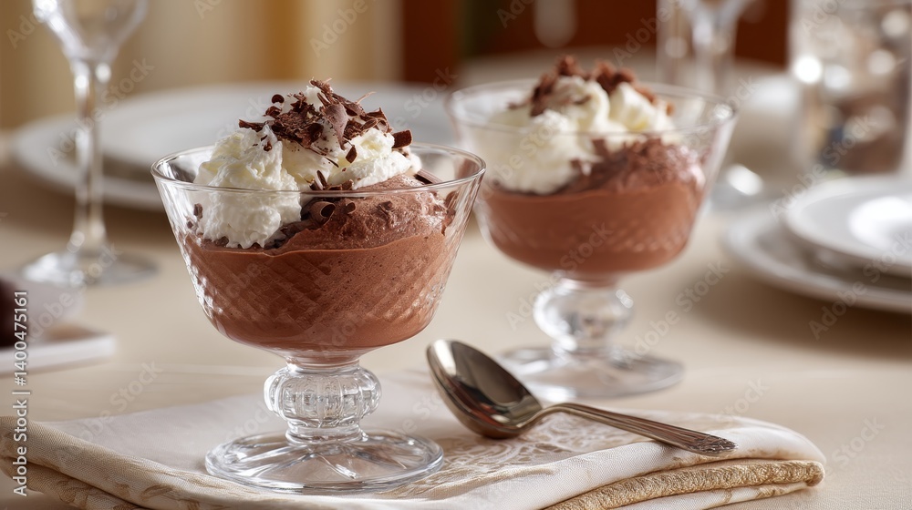Poster delight in this presentation of airy chocolate mousse layered with chantilly cream and chocolate cur