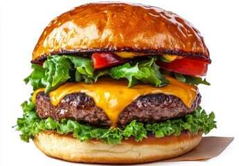 Mouthwatering Cheeseburger with Fresh Vegetables and Glazed Bun