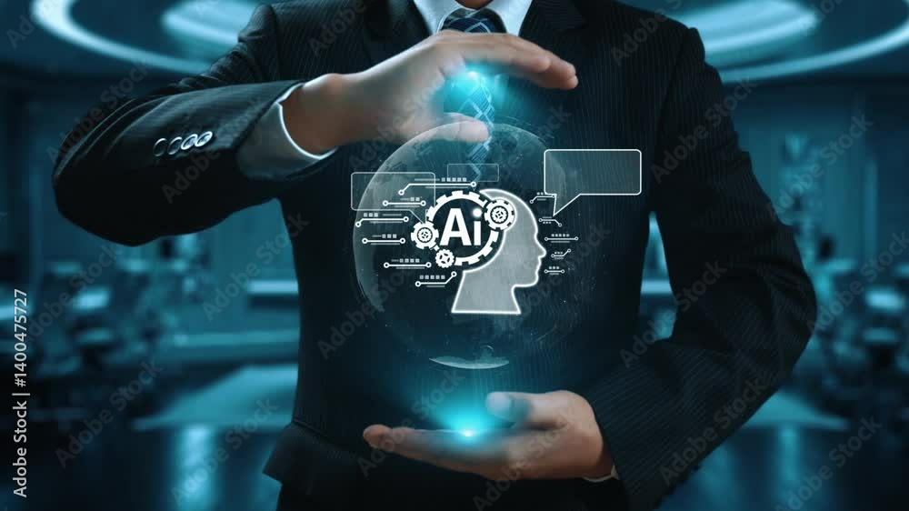 Poster human interact with ai artificial intelligence brain processor in concept of ai artificial intellige