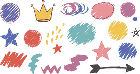 Abstract geometric shapes and forms, chalk pencil doodle set. Crayon modern figures, brush crown, stars, arrow in sketch style. Hand drawn vector illustration isolated on white background