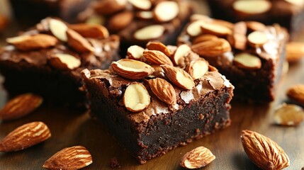 Rich chocolate brownies with almond chunks embedded inside, gooey and delicious