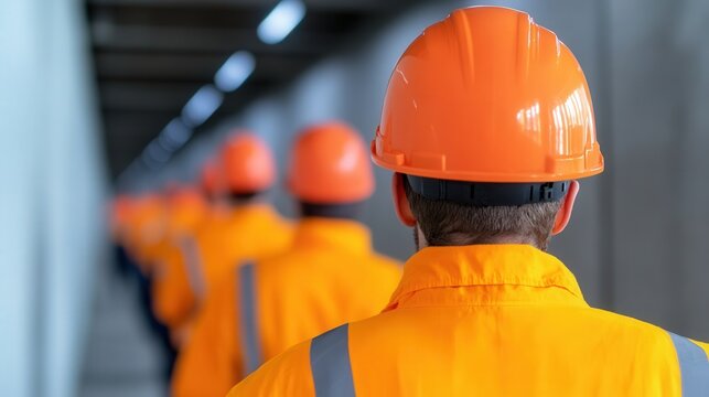 Group of workers in orange safety gear and helmets evacuating a building during an emergency drill. Ideal for safety training, evacuation procedures, and workplace safety visuals