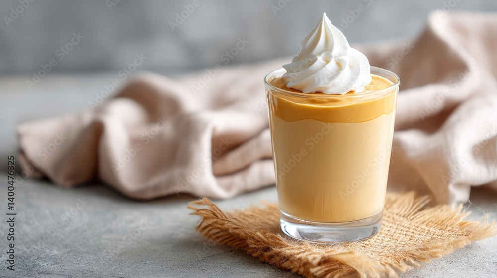 Poster rich coffee pudding fills a tall glass, topped with creamy whipped cream, beautifully displayed with
