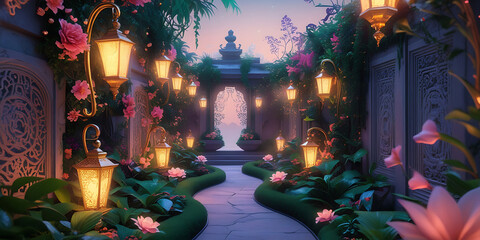 Serene Garden Pathway Illuminated by Lanterns Surrounded by Lush Plants and Flowers