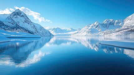 Breathtaking mountain landscape reflecting in tranquil glacial water under a clear blue sky, showcasing nature's beauty.