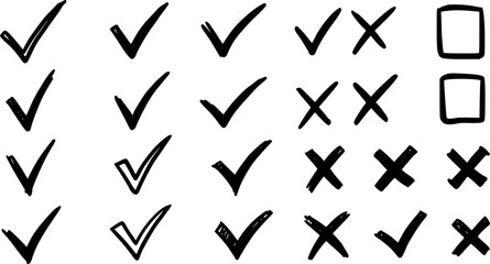 Check marks doodle set. Checkbox, checklist, tick and cross signs, v and x in sketch style. Hand drawn vector illustration isolated on white background