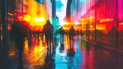 Obraz premium Vibrant urban scene with blurred figures and dynamic reflections on wet pavement
