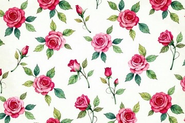 Delicate watercolor roses, leaves, and buds in a repeating pattern , floral, fabric, blossom