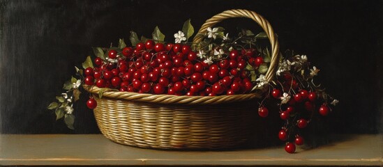 Abundant harvest: A basket overflows with ripe cherries and delicate blossoms